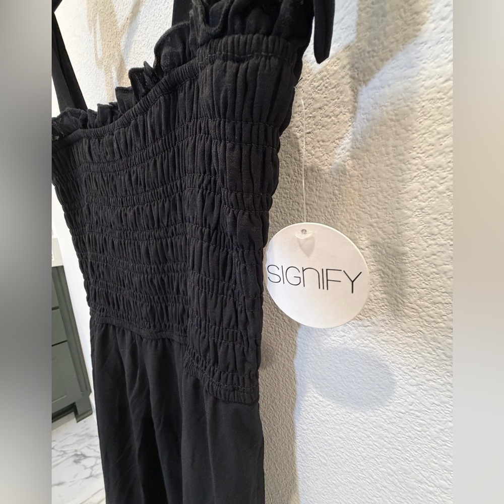 NWT Signify Black Smocked Maxi Dress Coquette Boho Ribbon & Lace Tiered Sundress - Picture 8 of 11